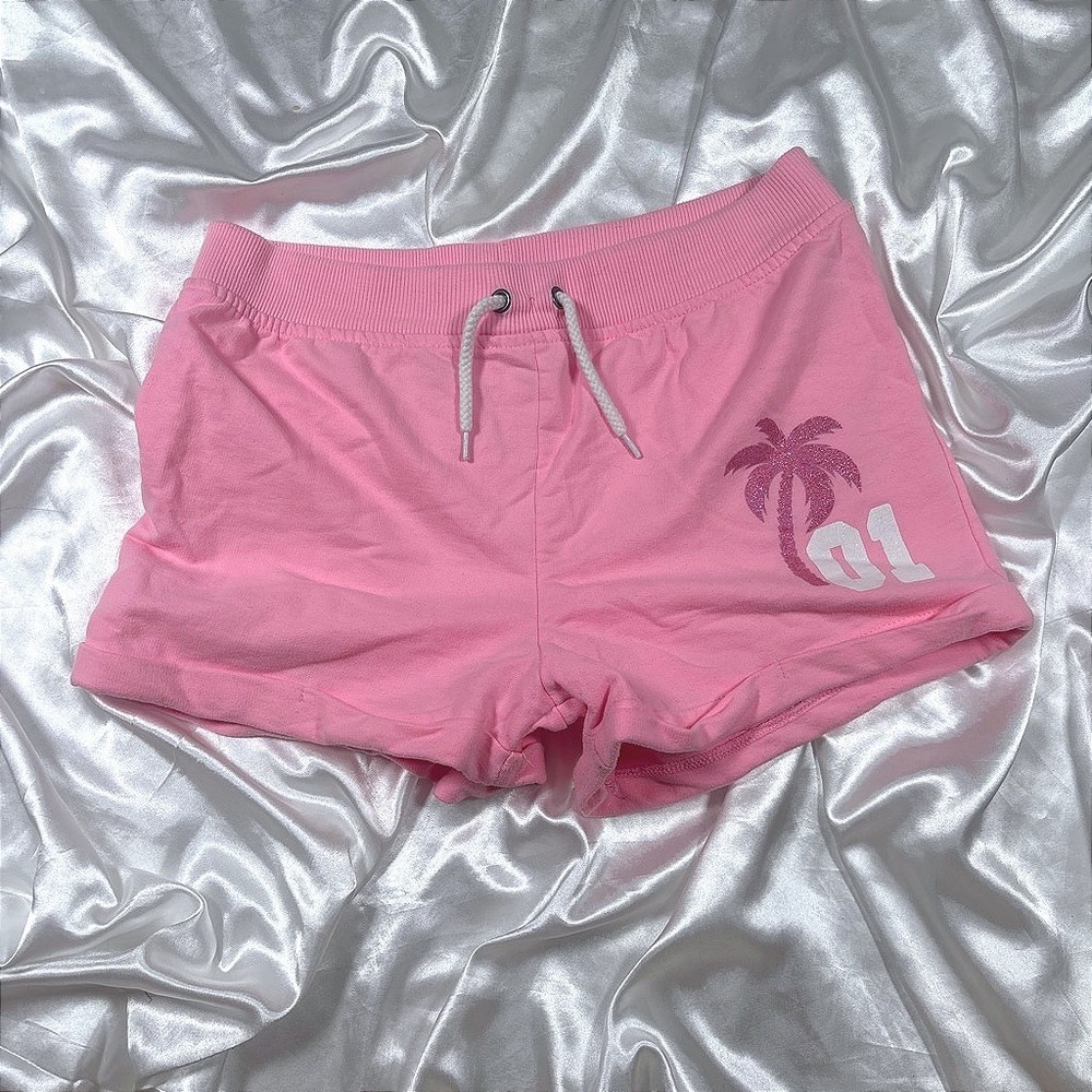 y2k Sweat Shorts Pink Excellent CRB Girl Palm Tree Glitter Graphic Lounge XL